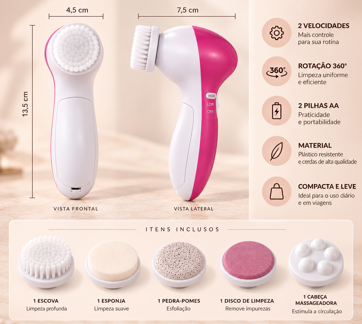 Deep Clean 5X — Escova de Limpeza Facial Elétrica 5 em 1