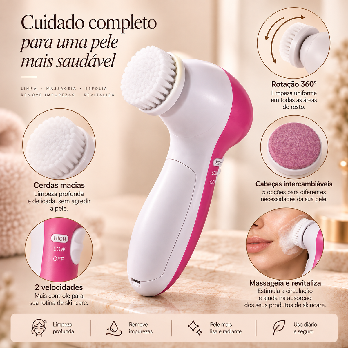 Deep Clean 5X — Escova de Limpeza Facial Elétrica 5 em 1